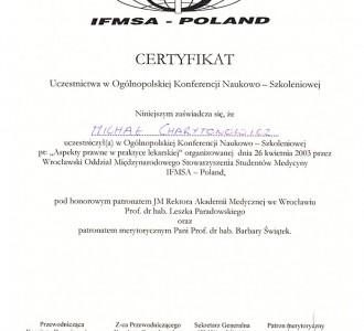 certyfikat dr Michał Charytonowicz
